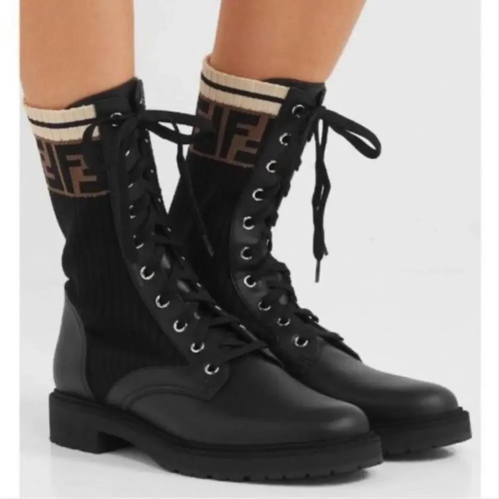 FENDI Rockoko FF logo jacquard stretch knit leather lace up biker boots